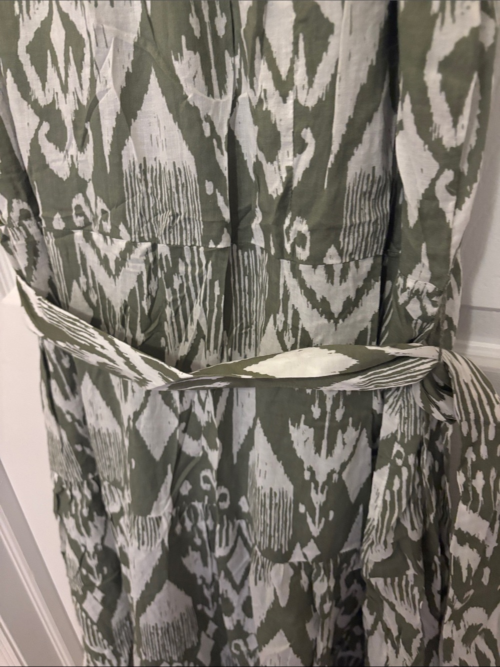 Talbots Olive & White Ikat Tie-Waist Midi Dress - Picture 7 of 7